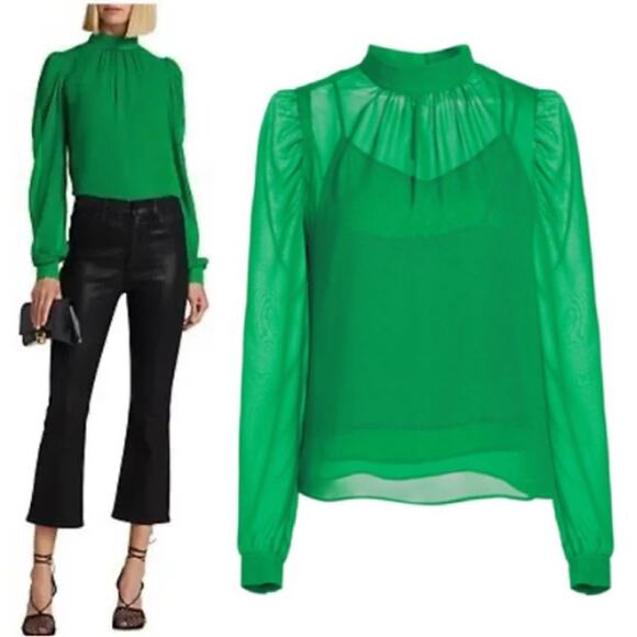 NWT GENERATION LOVE Winona Silk Blouse Size XL Kelly Green Puff Sleeve $185 - Picture 1 of 6